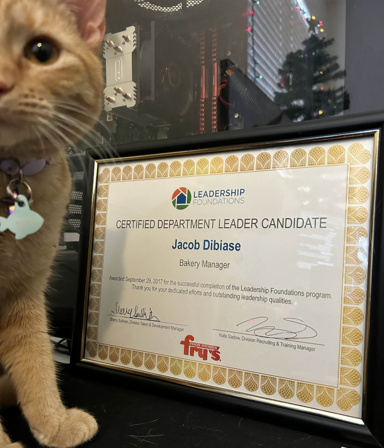 Leadership certificate with my cat Mabel