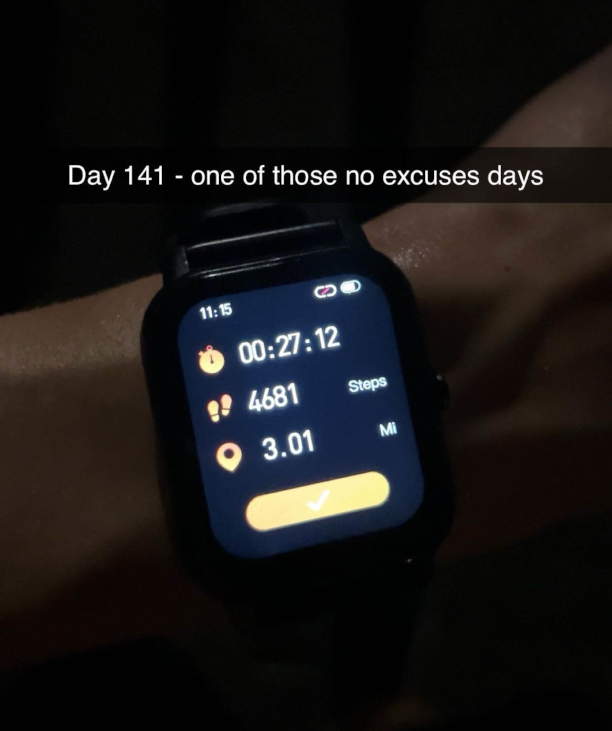 Picture of my watch after tracking a 3 mile run, day 141.